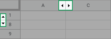 the arrows that appear in column and row labels to indicate the presence of hidden columns or rows