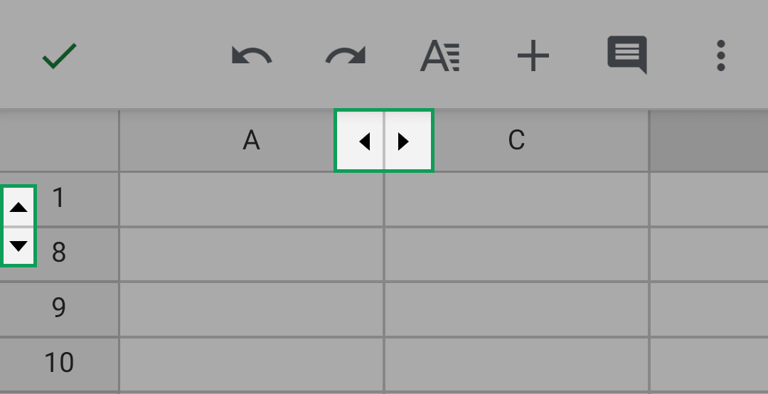 the arrows that appear in column and row labels to indicate the presence of hidden columns or rows in the android app