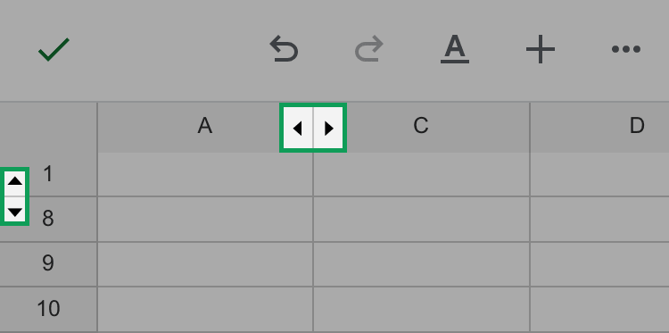 the arrows that appear in column and row labels to indicate the presence of hidden columns or rows in the iphone and ipad app