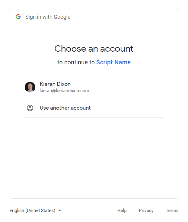 shows the choose an account step in the google apps script authorization process