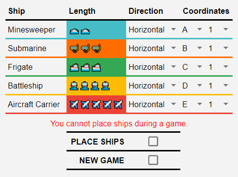 error message shown if a user tries to place their ships while a game is in progress
