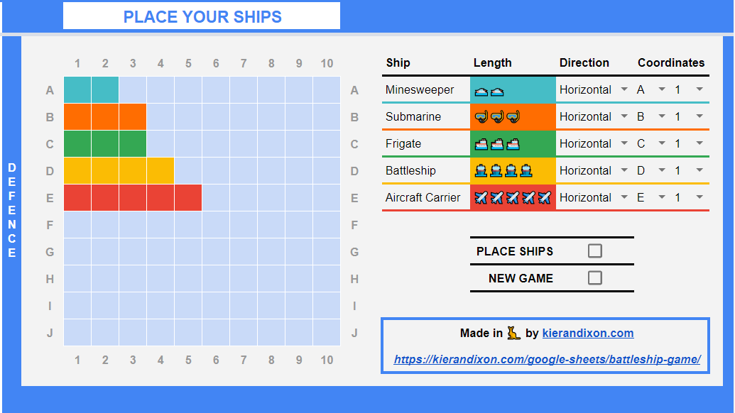 screenshot of the battleship defence board within the google sheet. it shows a coordinate board and ship data table.