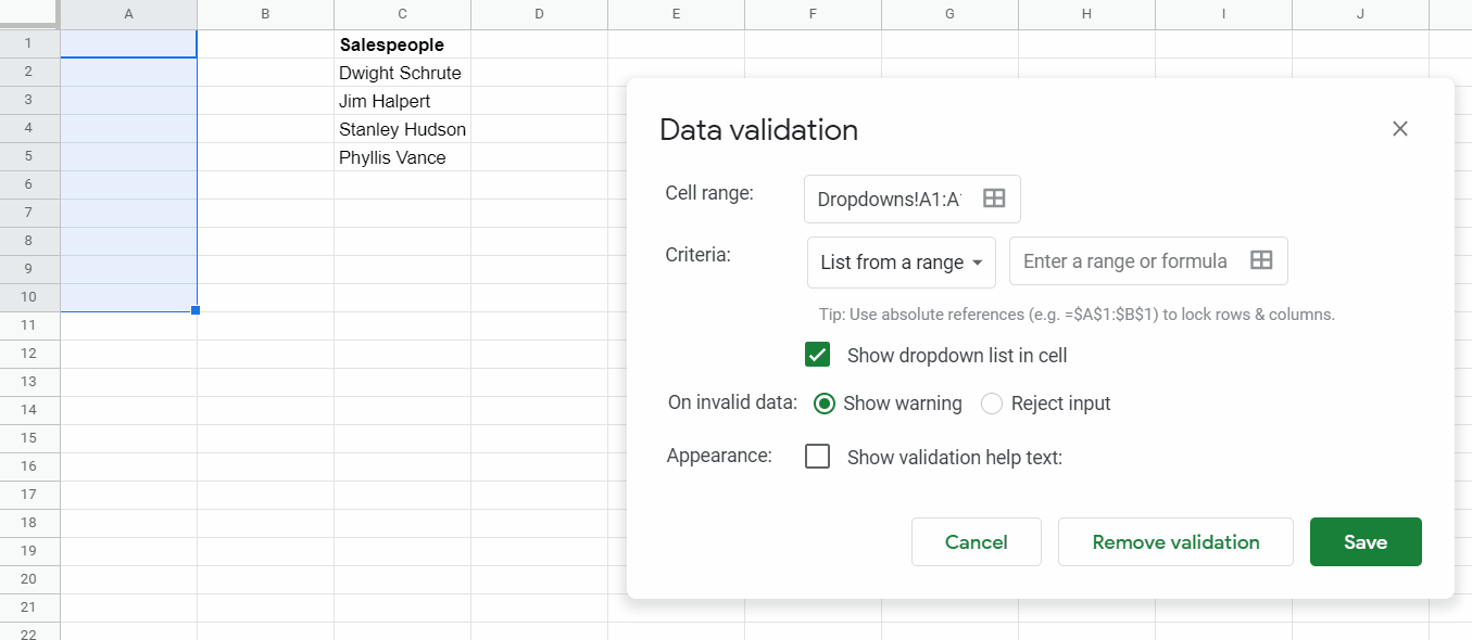 shows how to select a different range from the data validation popup