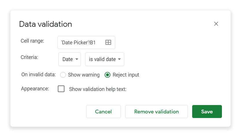 shows a correctly completed data validation menu that will lead to a date picker being added to a selection