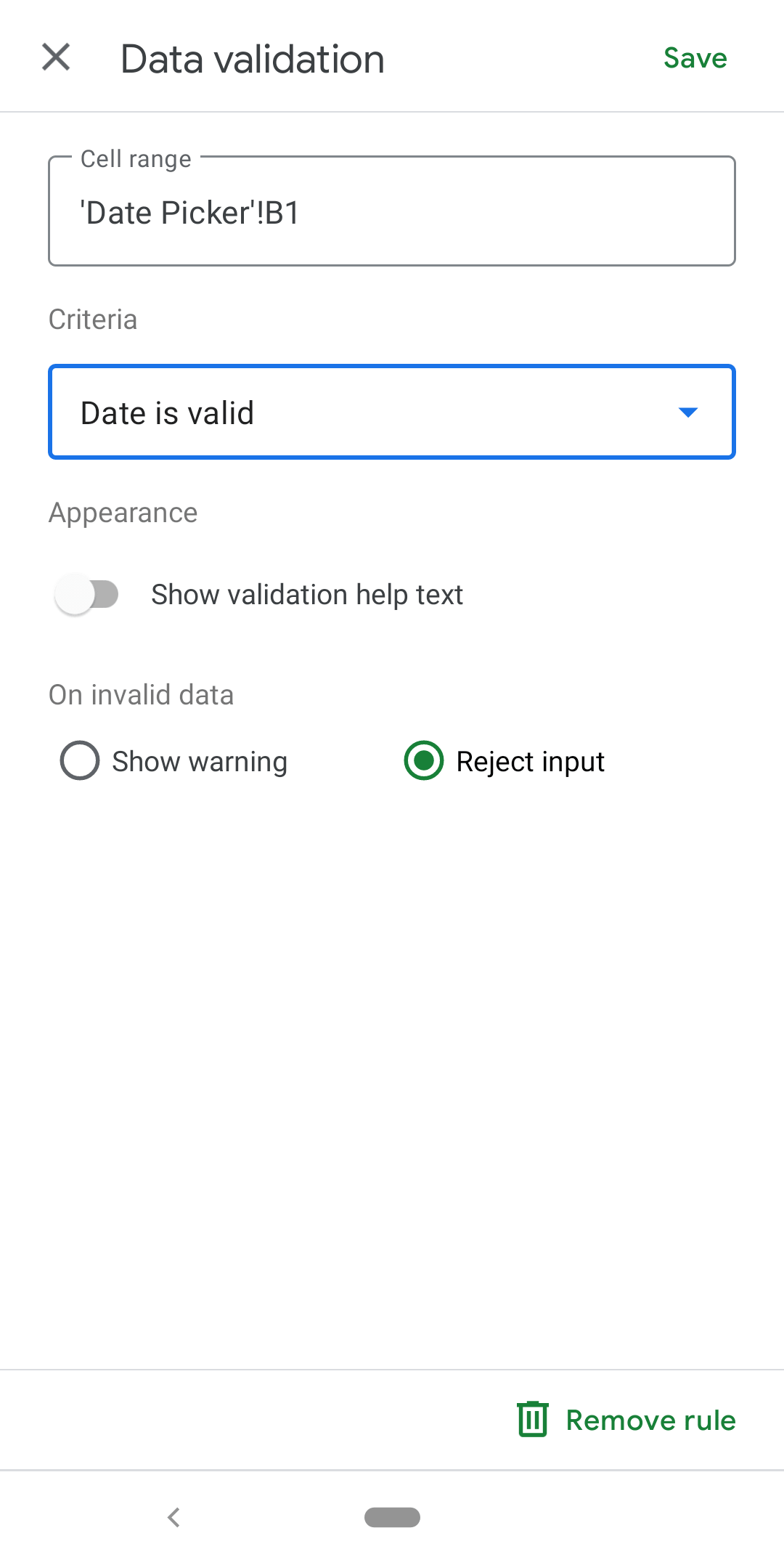 shows a correctly completed data validation menu that will result in a date picker being inserted into the sheet in the android app