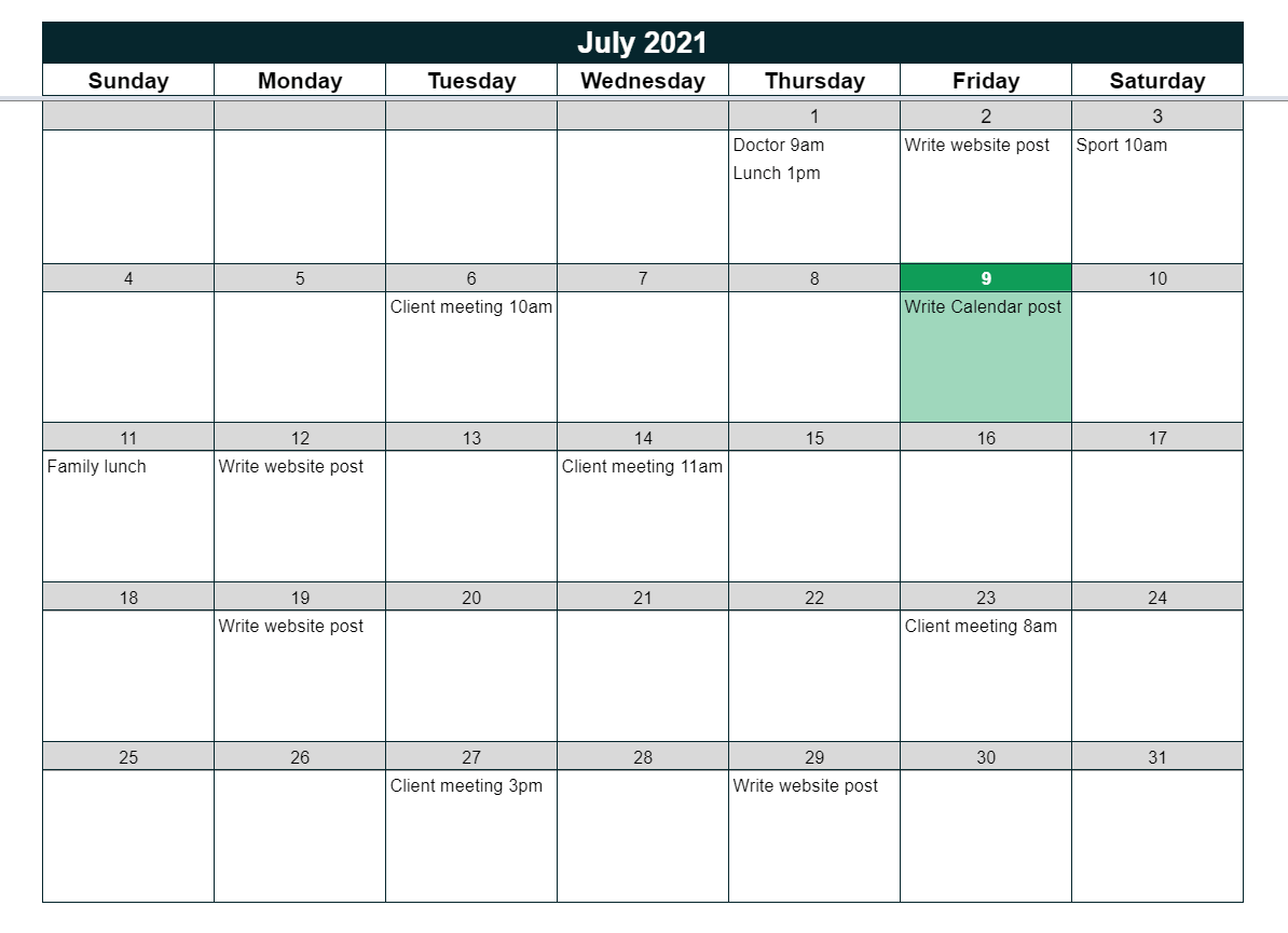 shows events entered into the monthly calendar template with today's date highlighted using conditional formatting