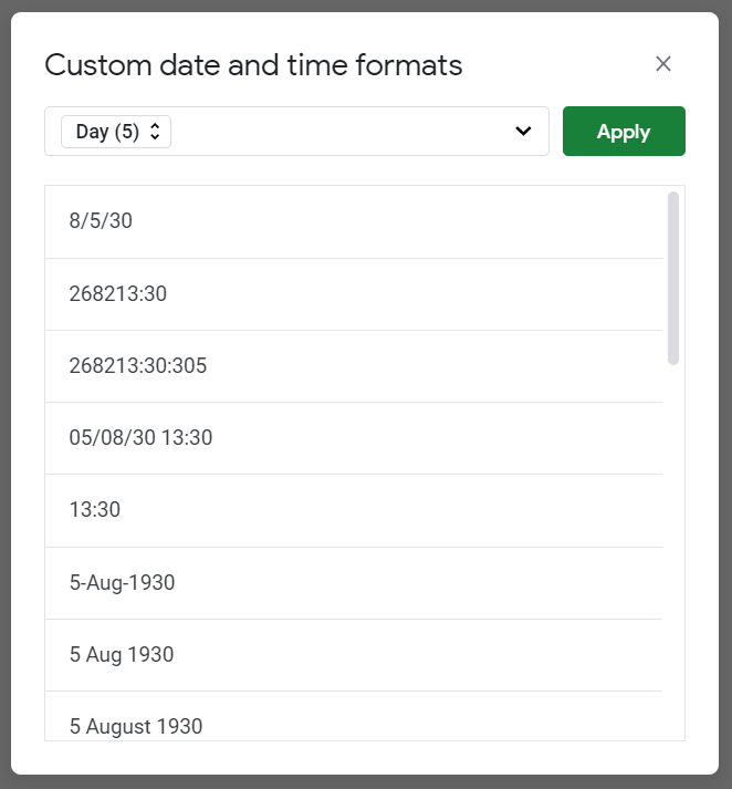 how to make a custom date and time format make a date show only the day part (no month or year)