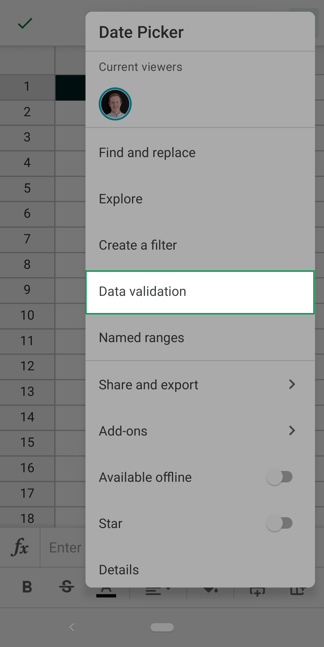 shows location of the data validation option in the sidebar of the android app
