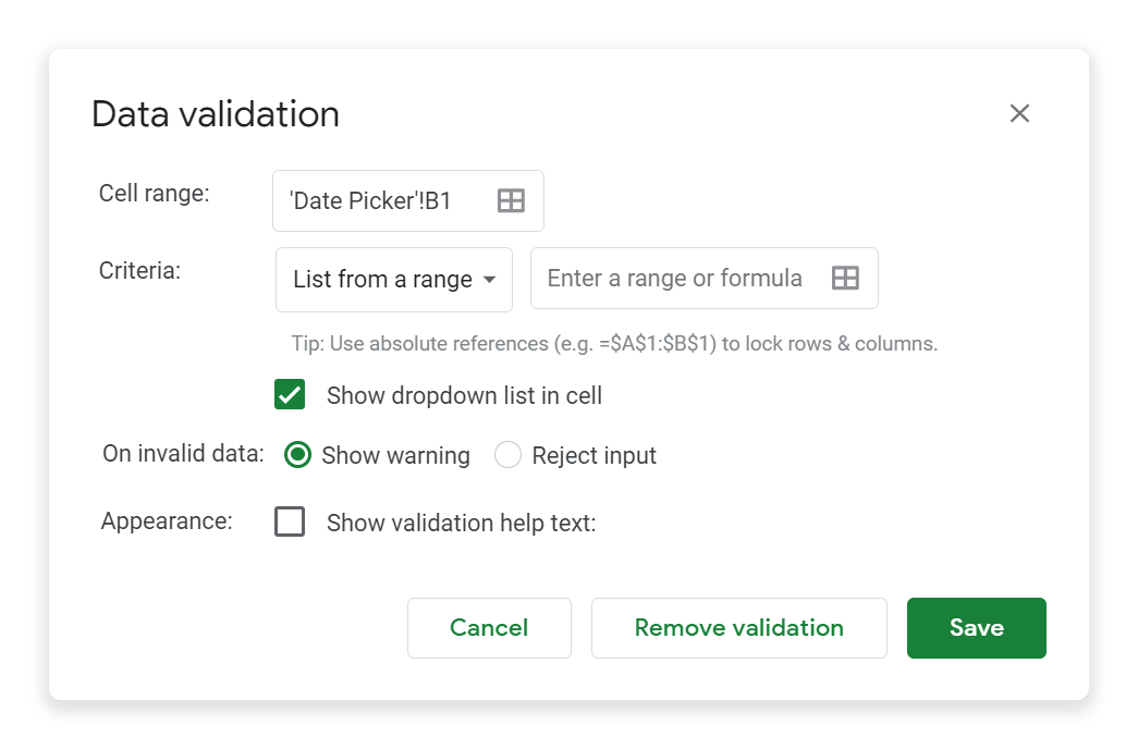 shows the default layout and options when the data validation menu is opened on a selection that has no existing rules