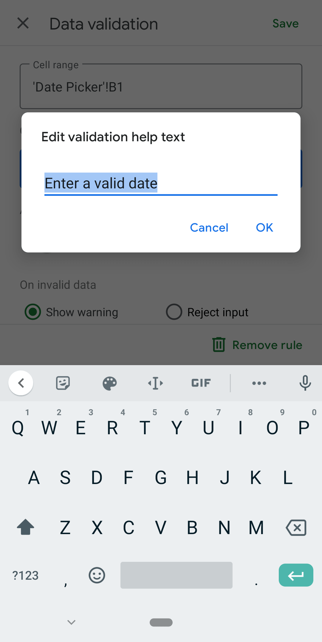 shows the ability to enter custom validation help text in the android app