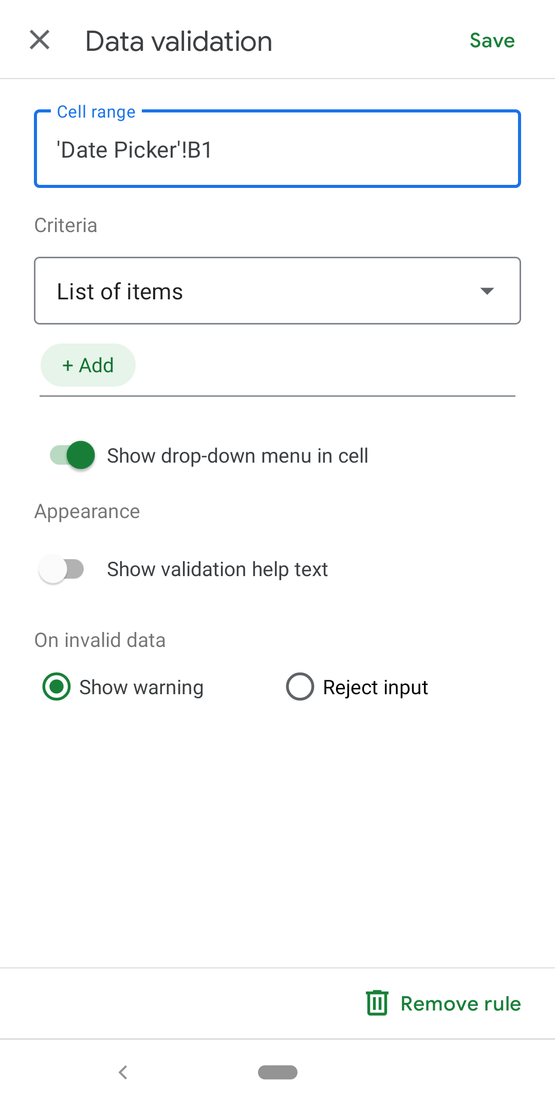 shows the default layout and options when the data validation menu is opened from a selection that had no existing rules in the android app