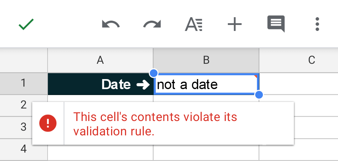 shows a warning message presented to a user when the data they enter doesn't pass a cell's data validation rule in the android app