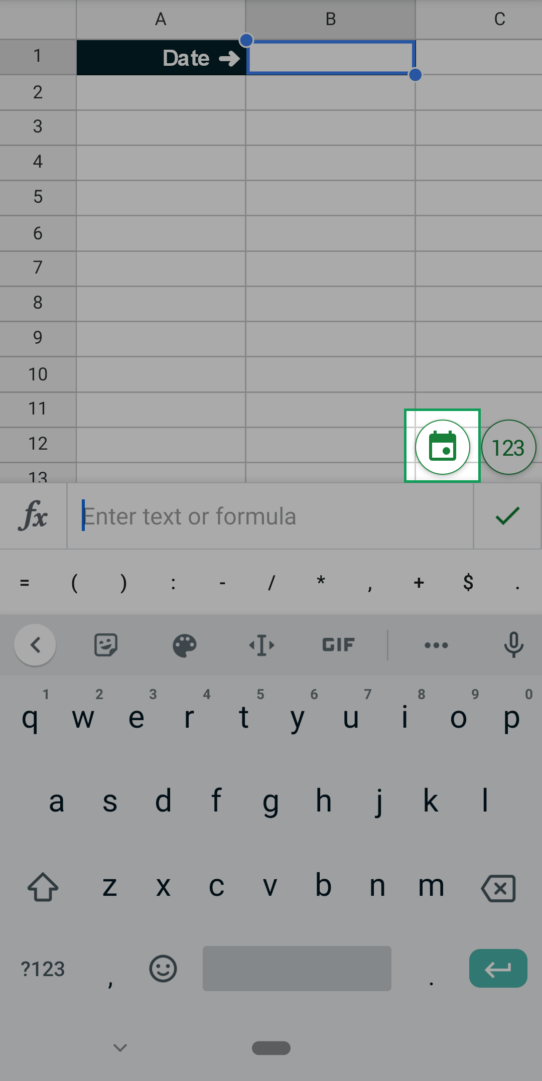 shows the location and look of the date picker icon that appears about the keyboard when a user selects a cell that has a date-based data validation in the android app