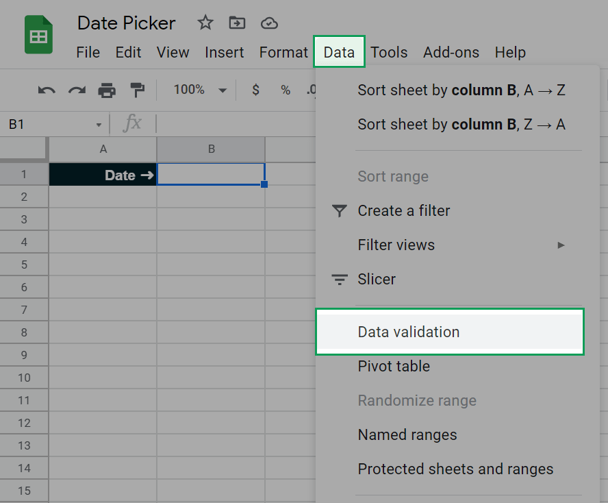 shows the location of the data validation option in the main data menu