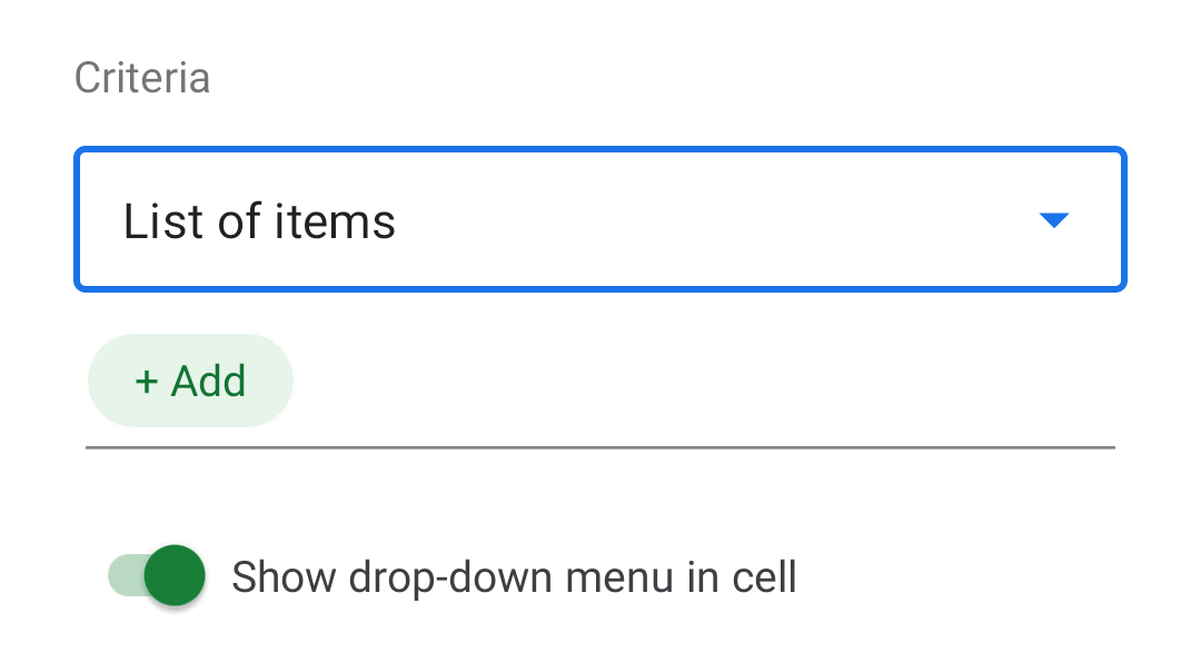 shows the location of the show dropdown menu in cell toggle that must be selected to include a dropdown list