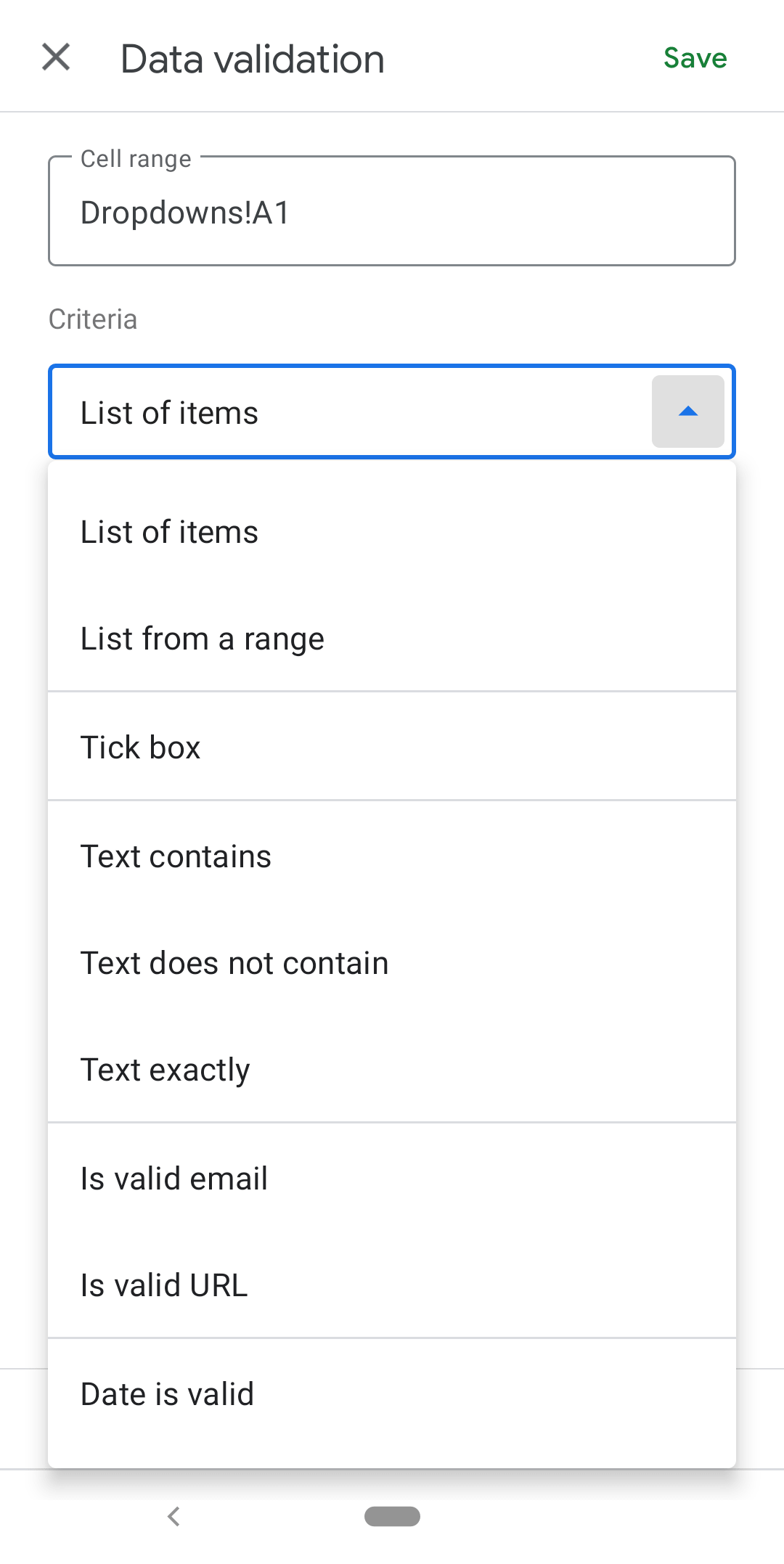 criteria options dropdown in the data validation menu of the android app