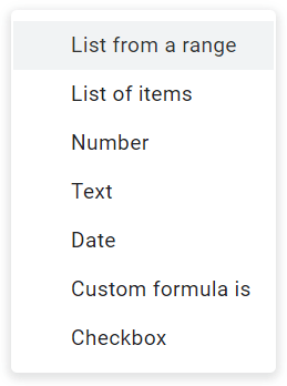 shows the complete list of options available under the criteria settings in the data validation popup