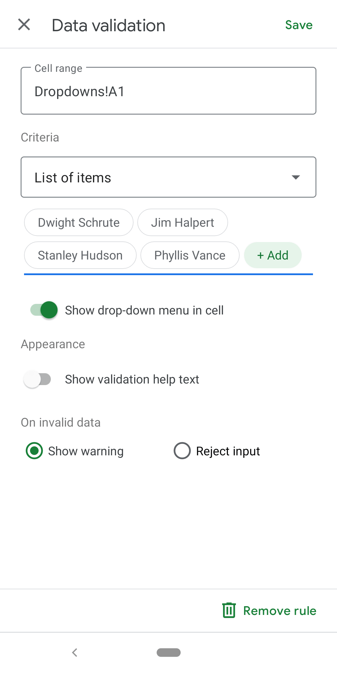 shows a list of items dropdown being created in the data validation menu with the options typed in on android