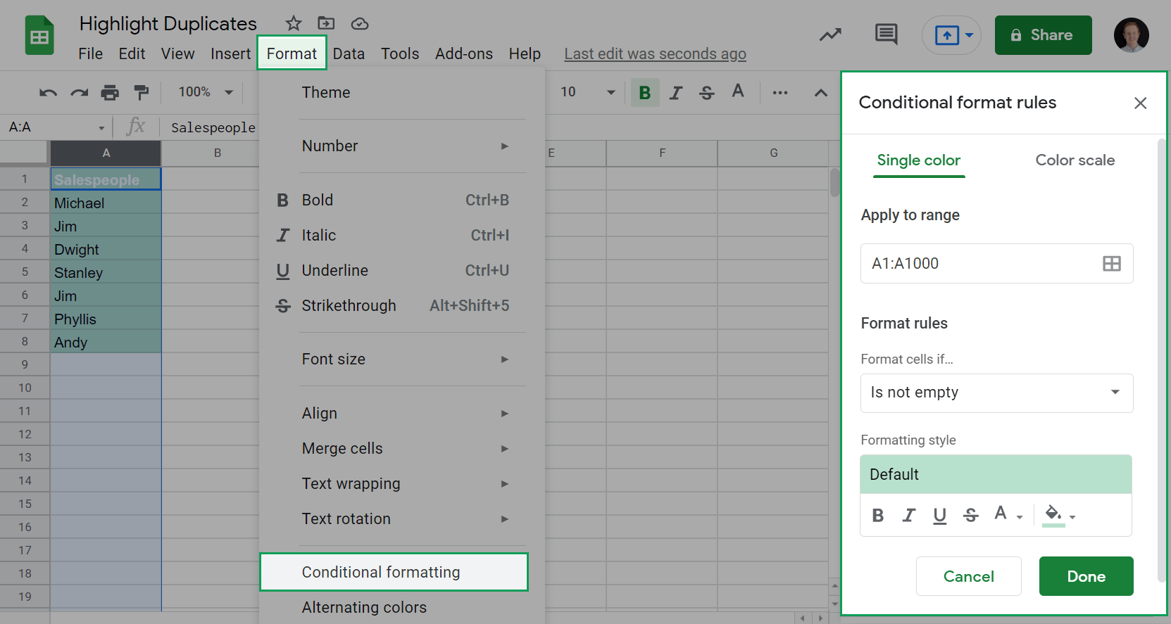 shows the conditional formatting sidebar in google sheets and how to access it using the Format dropdown in the main menu