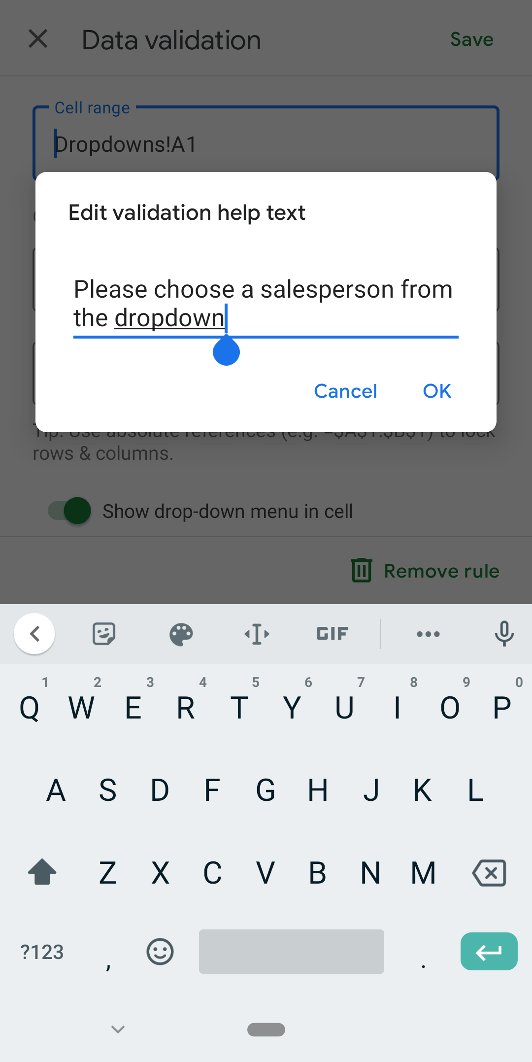 shows custom text being entered in the validation help text pop on android
