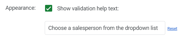 a custom entry for validation help text in the appearance section of the data validation popup