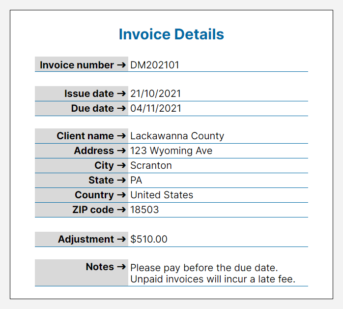 shows where to enter the invoice details in the template's variables sheet