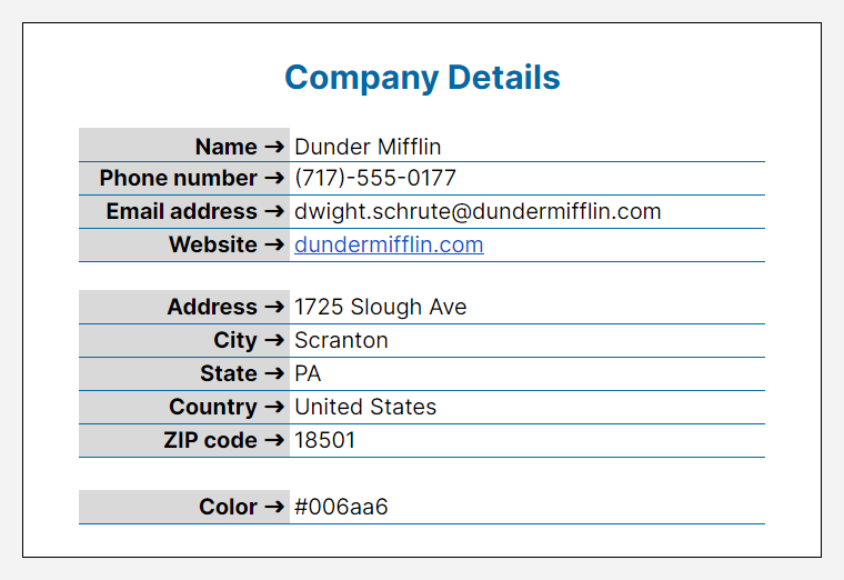shows where to enter the company details in the template's variables sheet