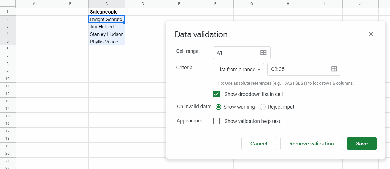 shows how to extend a column-based range to include additional cells so that future updates are automatically included in the attached dropdowns