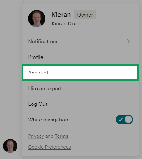 location of the account menu in the bottom left of the screen in your mailchimp account