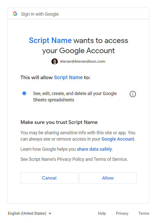 shows the final step of the google apps script authorization process that outlines the specific permissions requested by the script