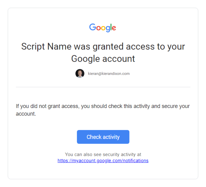 shows the email sent by google when you provide 'unsafe' authorization to a google apps script app