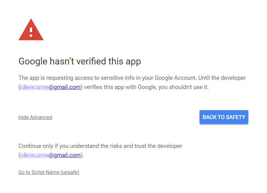 shows the advanced section of the google hasn't verified this app warning message that appears in the google apps script authorization process