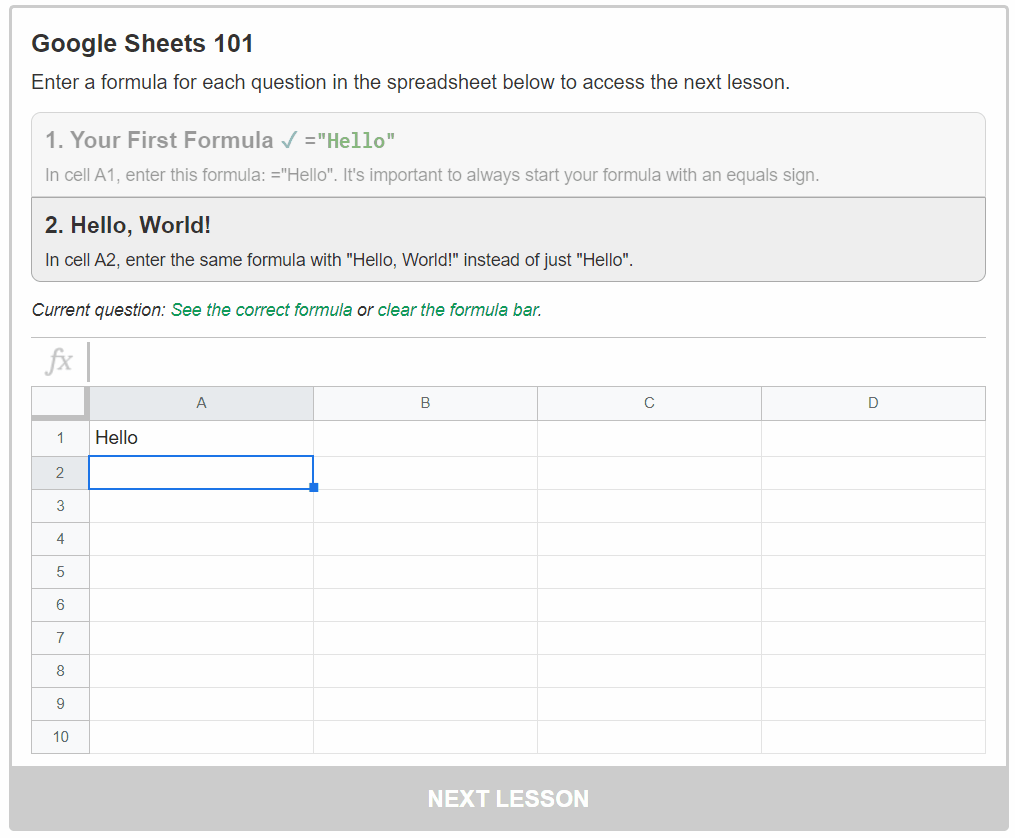 how to progress to the next lesson in the google sheets 101 course