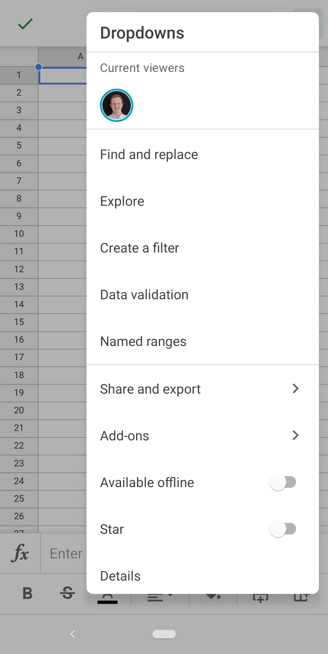 sidebar menu in google sheets android app