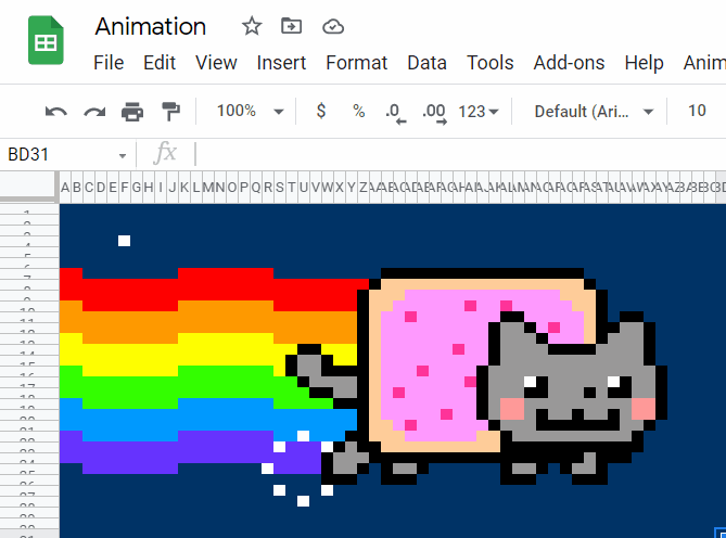 shows a working nyan cat animation created and playing in google sheets