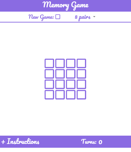 shows what the memory game looks like in google sheets from the title to the board to the instructions