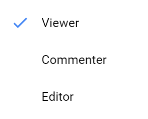shows the three permission levels when sharing a google sheet - editor, viewer, and commenter