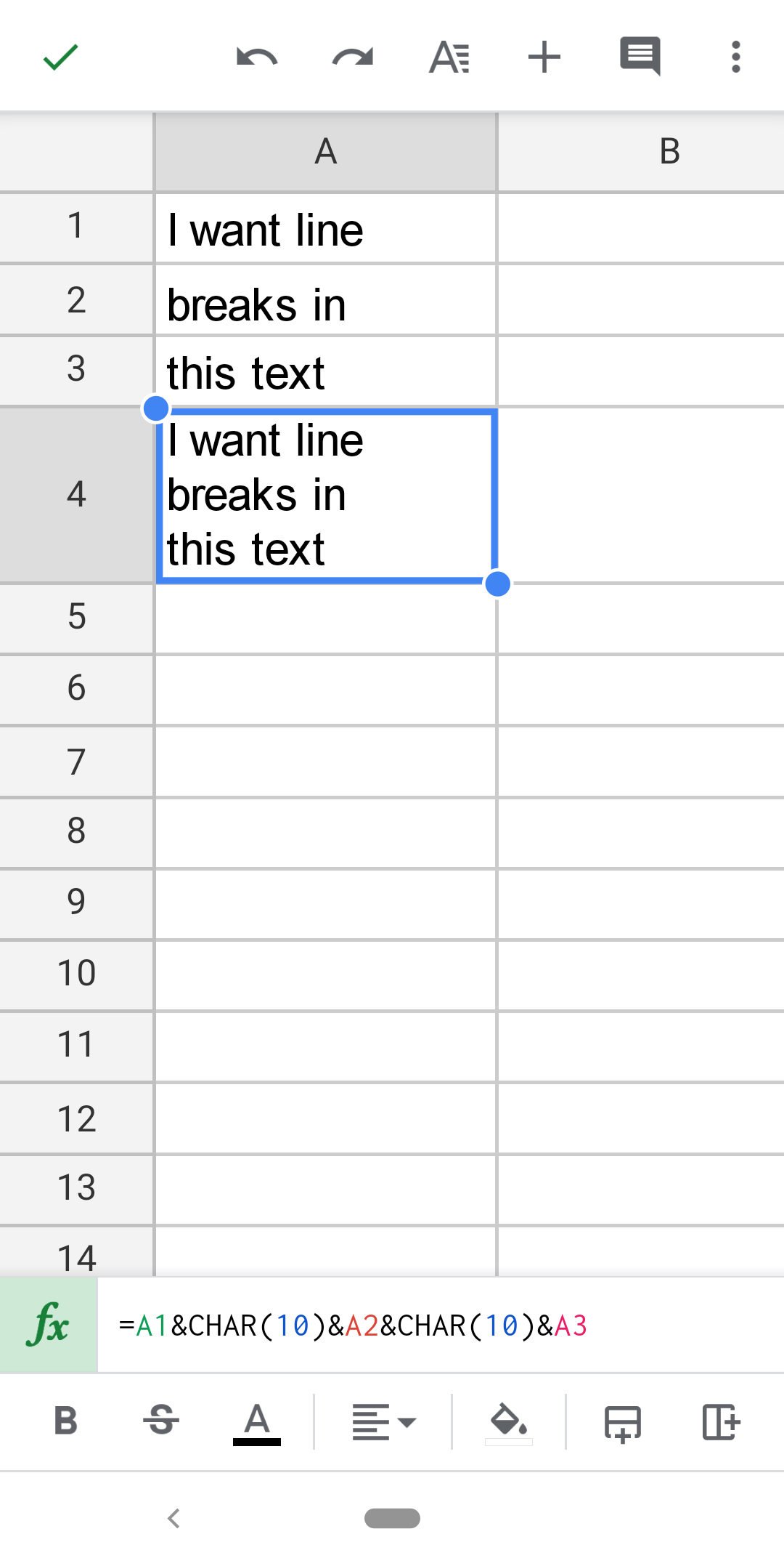 shows how to add line breaks using formulas in the google sheets android app