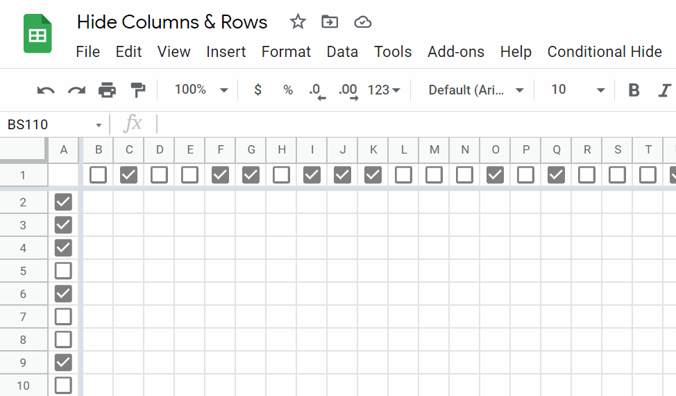 shows how some google apps script triggered by a custom menu can quickly conditionally hide rows and columns with specific cell values in google sheets