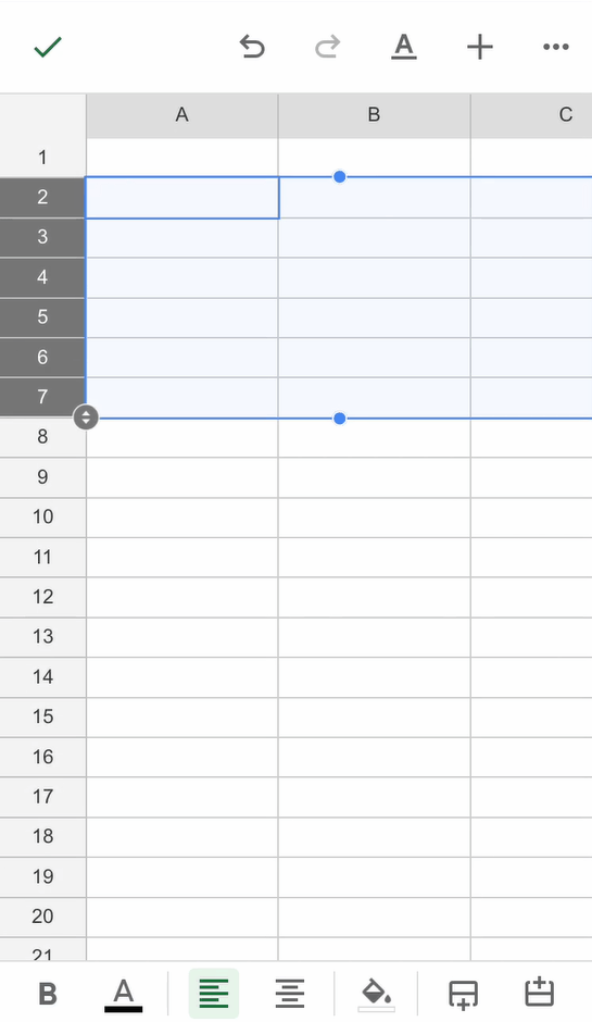 shows how to hide columns and rows by tapping on a selection and scrolling through the menu that appears in the google sheets iphone and ipad app