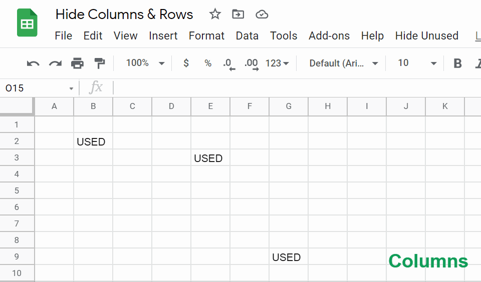 shows how some google apps script triggered by a custom menu can quickly find and hide unused rows and columns in google sheets