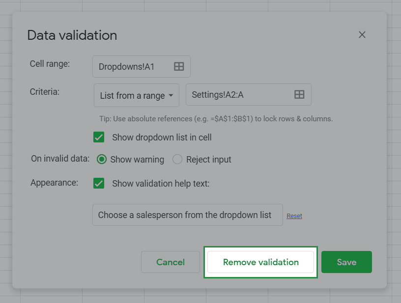 highlights the location of the remove validation button on the data validation menu