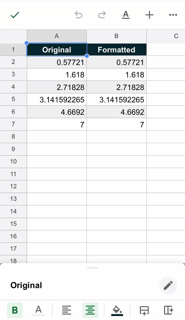 shows the complete process of increasing and decreasing decimal places using formatting in the google sheets iphone and ipad app