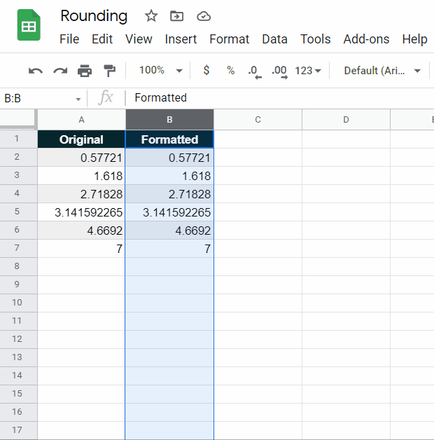 using the increase and decrease decimal places buttons in google sheets