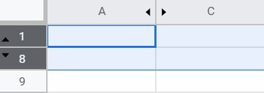 shows how to select columns and rows in google sheets to unhide them using the right click menu