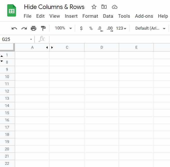 shows how to unhide columns and rows in google sheets by clicking on the arrows in the column and row labels that indicate hidden columns and rows are present