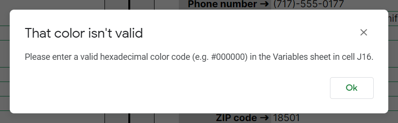 shows the error message presented to users if they enter an invalid hexadecimal color code in the company details section of the variables sheet of the invoice template