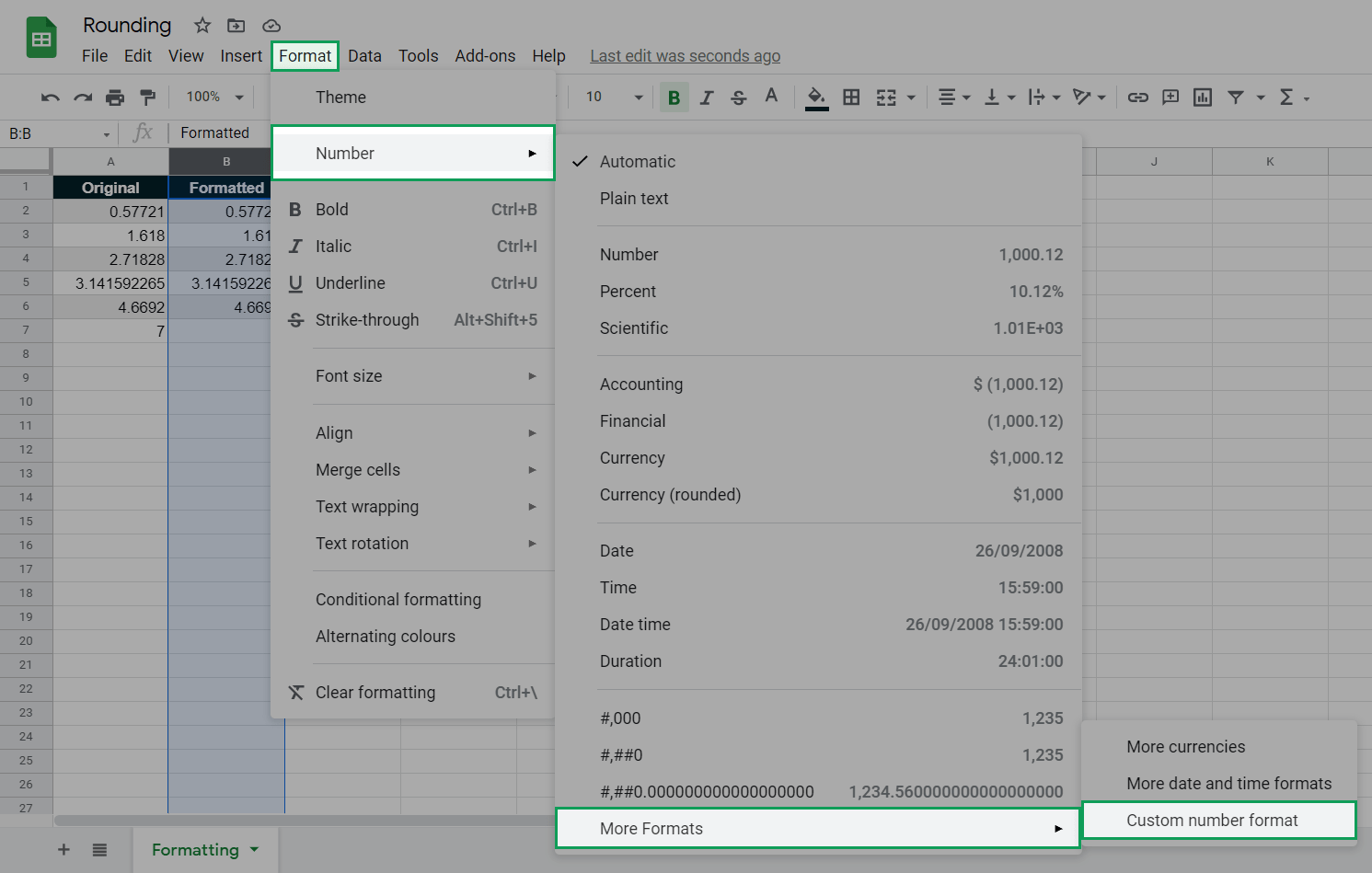 where to find the custom number format option using the google sheets format menu