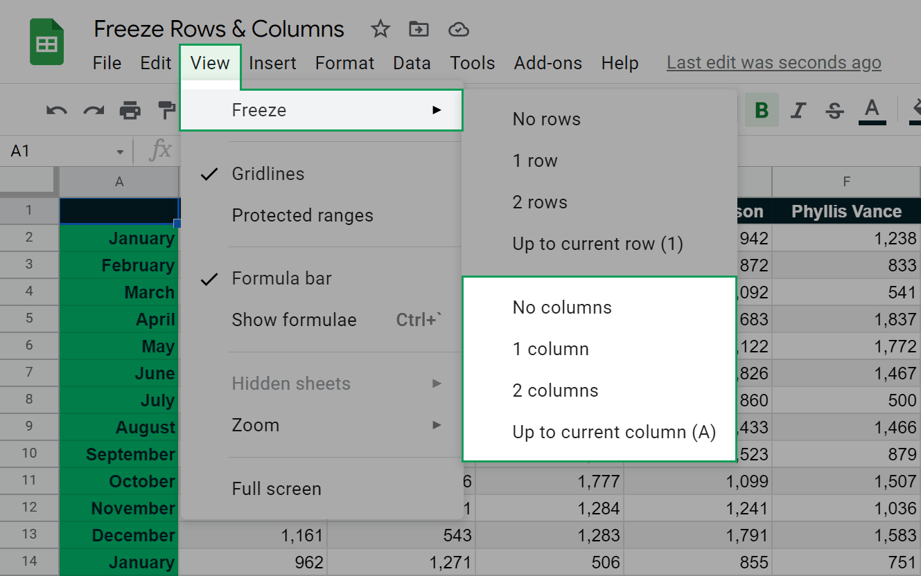 location of the view menu that allows you to freeze columns in google sheets