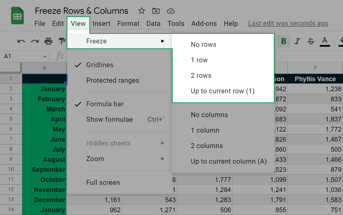 location of the view menu that allows you to freeze rows in google sheets